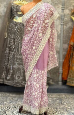 Saree third white work pink